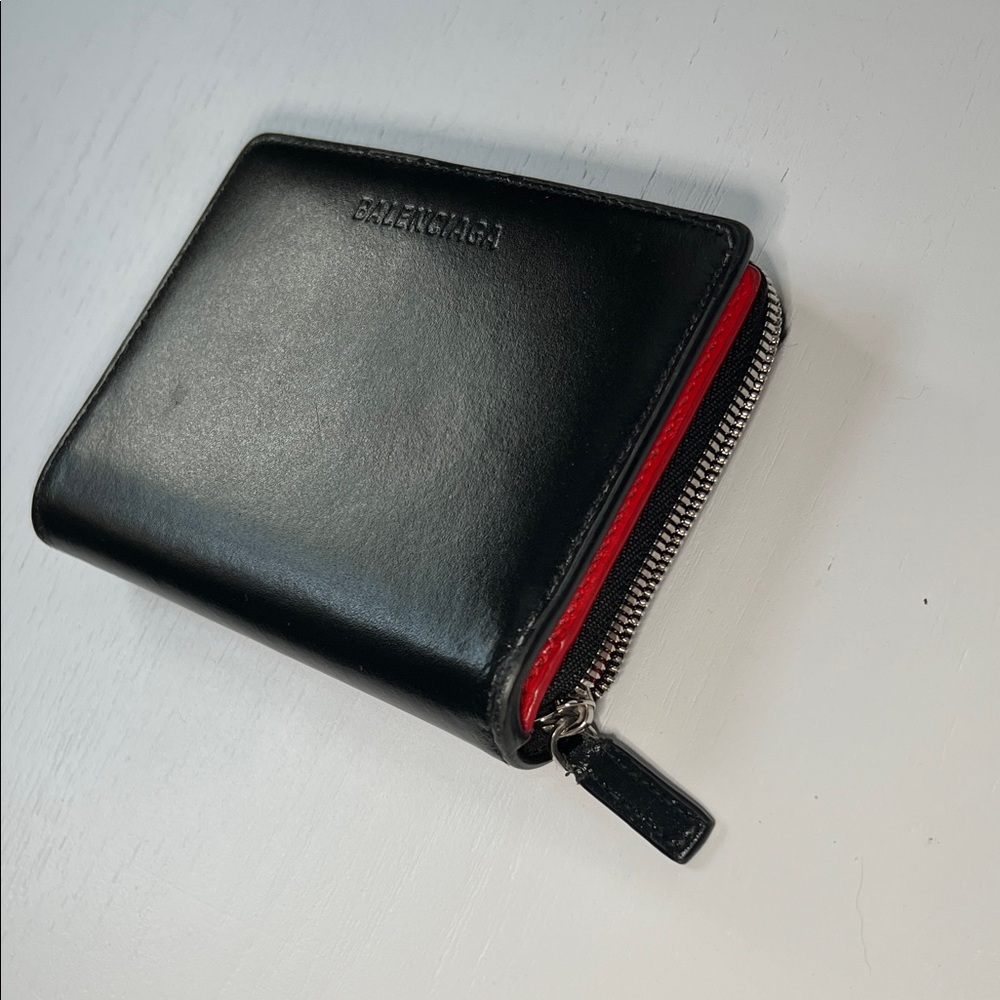 Balenciaga leather Black Zip card holder pouch Wallet red interior AUTHENTIC